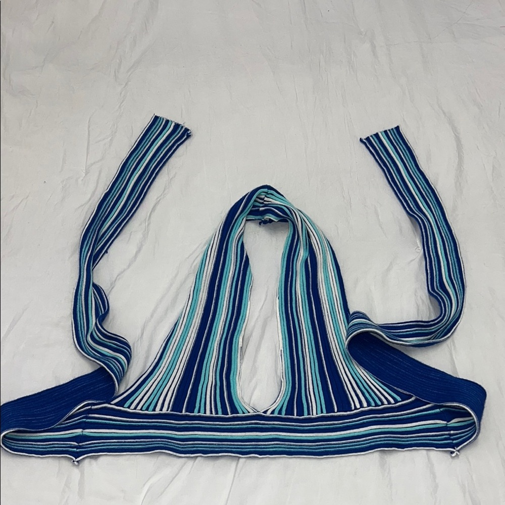 Striped Blue and White Knit Hooded Scarf